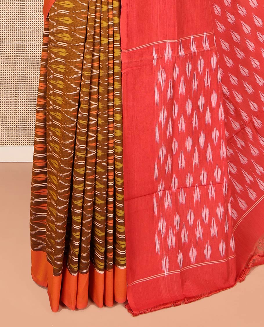 Brown Ikkat Cotton Saree, Decked Up with Ikkat-Style Ogee Patterns on Its Body, Complemented by Contrast Plain Border, Pallu Steeped with Ikkat Buttas, and Has No Blouse - Image 3