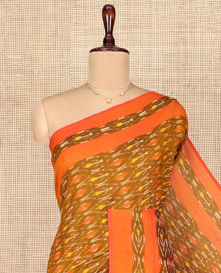 Brown Ikkat Cotton Saree, Ornamented with Ikkat-Style Ogee Patterns on Its Body, Complemented by a Contrast Ikkat Border, Pallu of Ikkat-Style Buttas, and Has No Blouse - Image 2