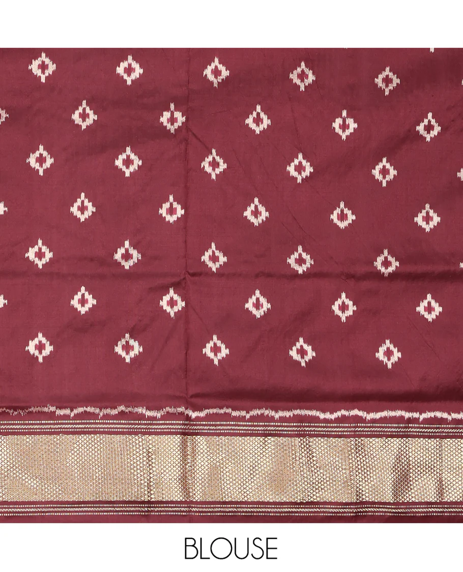 Brown Ikkat Silk Saree, Elevated with Ikkat Checks All Over Its Body, Subtle Border of Jaal Designs, Pallu of Geometric Designs, and Paired with a Matching Blouse - Image 6