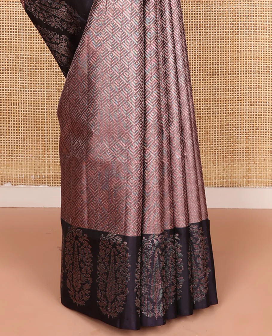 Brown jacquard Mayuri soft silk saree, contrast floral-paisley design border, and contrast scallop design pallu - Image 4