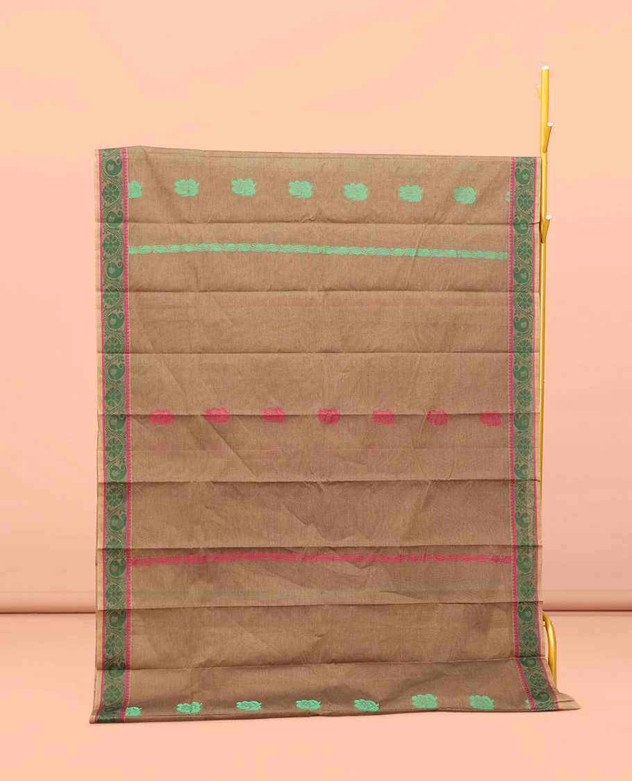 Brown Kanchi Cotton Saree, Adorned with Thread Buttas All Over Its Body, a Self-Border of Floral and Paisley Designs, Pallu of Intricate Designs, and Paired with a Matching Blouse