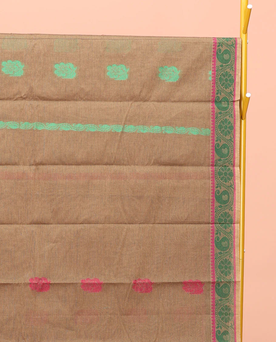 Brown Kanchi Cotton Saree, Adorned with Thread Buttas All Over Its Body, a Self-Border of Floral and Paisley Designs, Pallu of Intricate Designs, and Paired with a Matching Blouse - Image 2