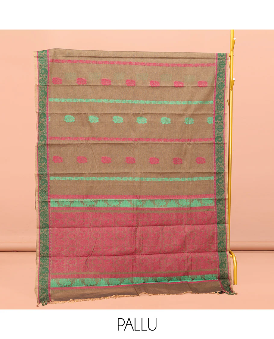 Brown Kanchi Cotton Saree, Adorned with Thread Buttas All Over Its Body, a Self-Border of Floral and Paisley Designs, Pallu of Intricate Designs, and Paired with a Matching Blouse - Image 3