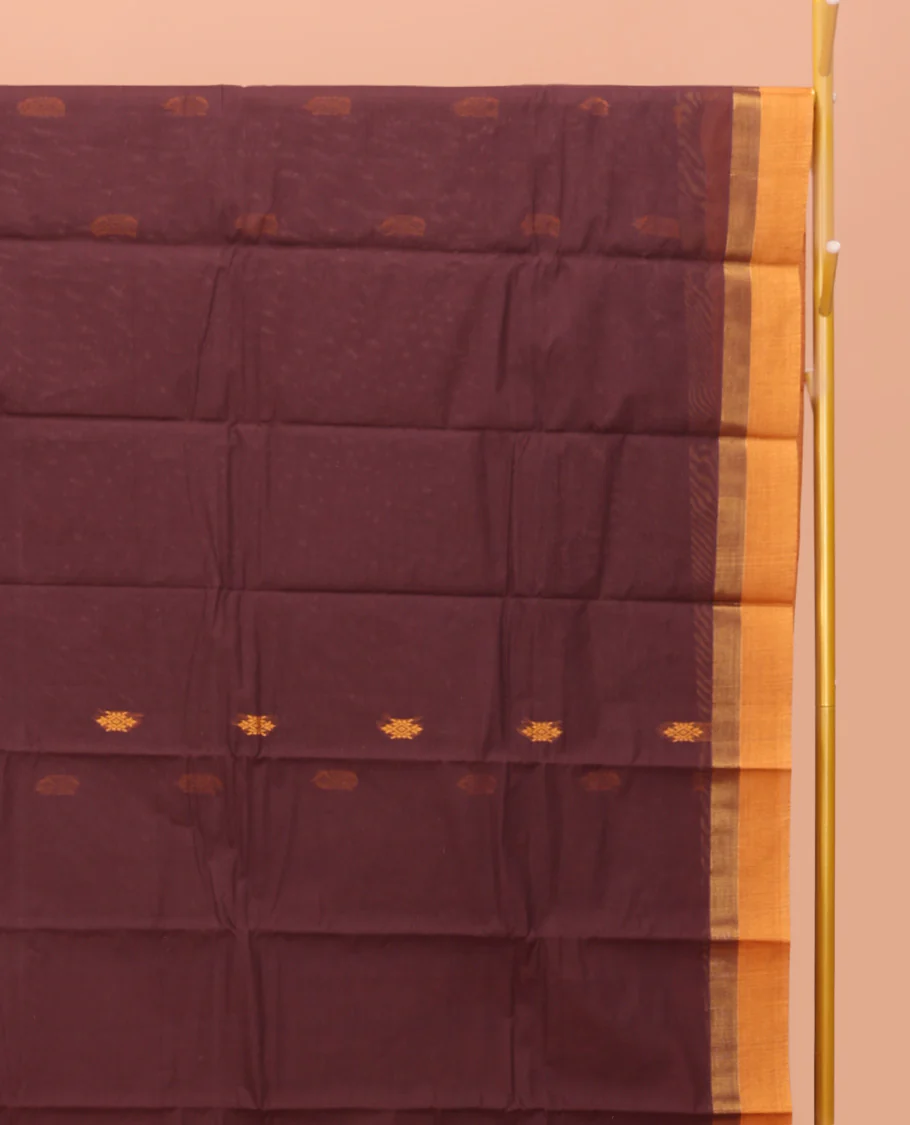 Brown Kanchi Cotton Saree, Adorned with Thread Buttas on Its Body, Complemented by a Contrast Border, Intricately Designed Pallu, and a Matching Blouse - Image 2