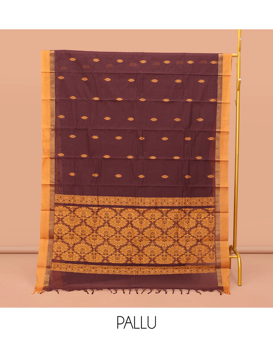 Brown Kanchi Cotton Saree, Adorned with Thread Buttas on Its Body, Complemented by a Contrast Border, Intricately Designed Pallu, and a Matching Blouse - Image 3