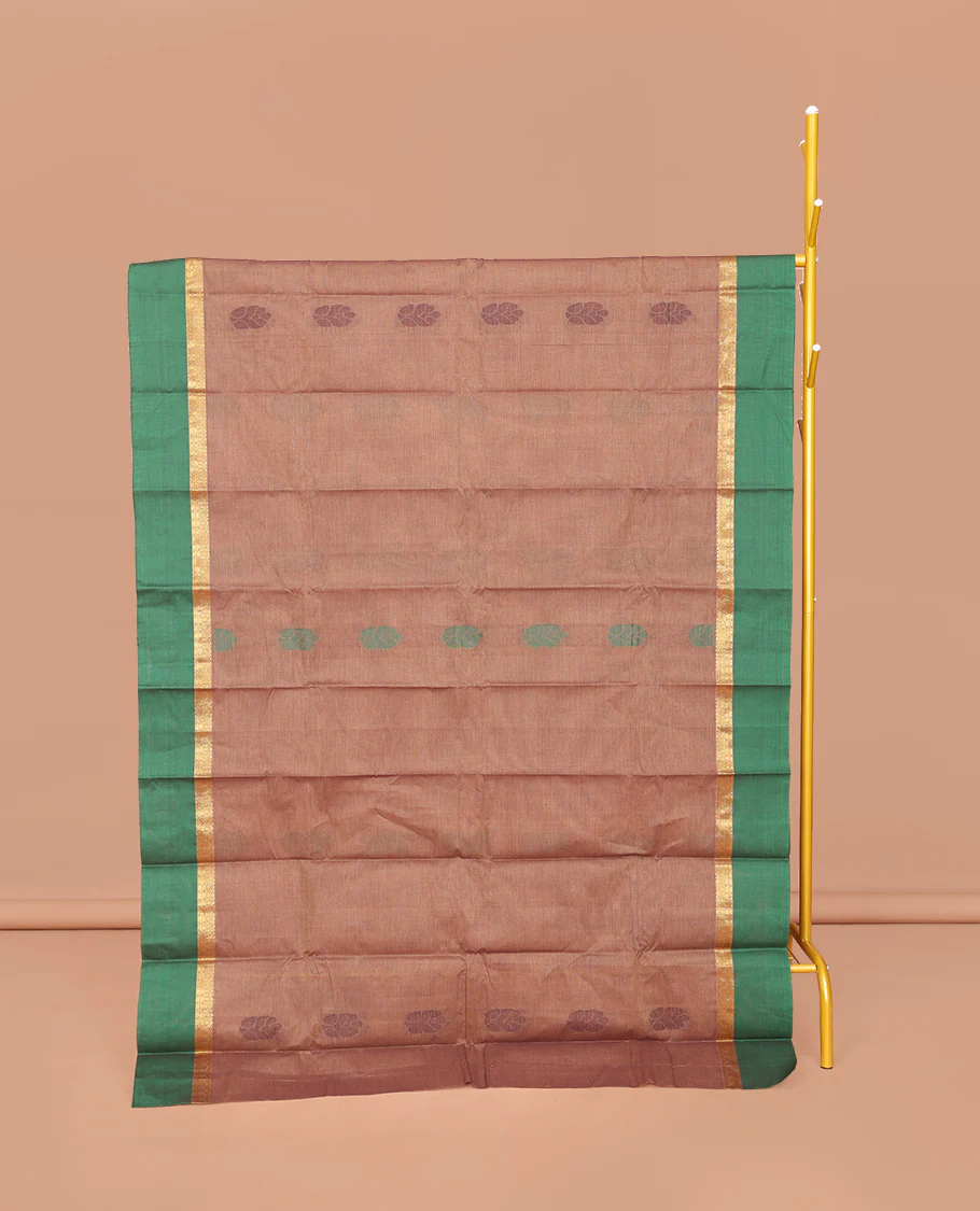 Brown Kanchi Cotton Saree, Bedecked with Buttas All Over Its Body, Complemented by a Contrast Border, Pallu of Paisley, Floral and Checks, and Paired with a Matching Blouse