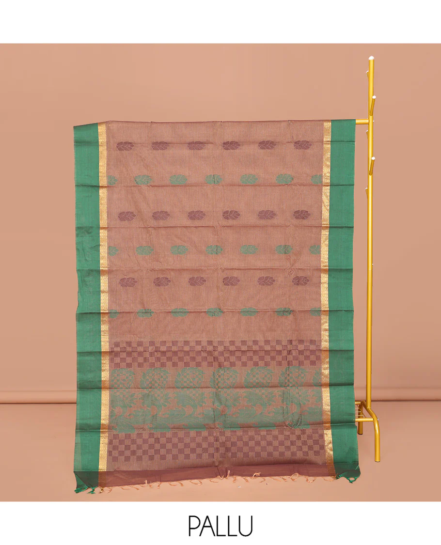 Brown Kanchi Cotton Saree, Bedecked with Buttas All Over Its Body, Complemented by a Contrast Border, Pallu of Paisley, Floral and Checks, and Paired with a Matching Blouse - Image 2