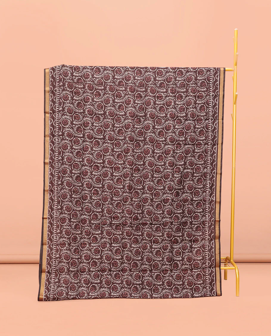 Brown Kanchi Cotton Saree, Decked Up with Floral Print All Over Its Body, a Subtle Self-Border, Pallu of Block Printed Geometric Designs, and Paired with a Contrast Blouse