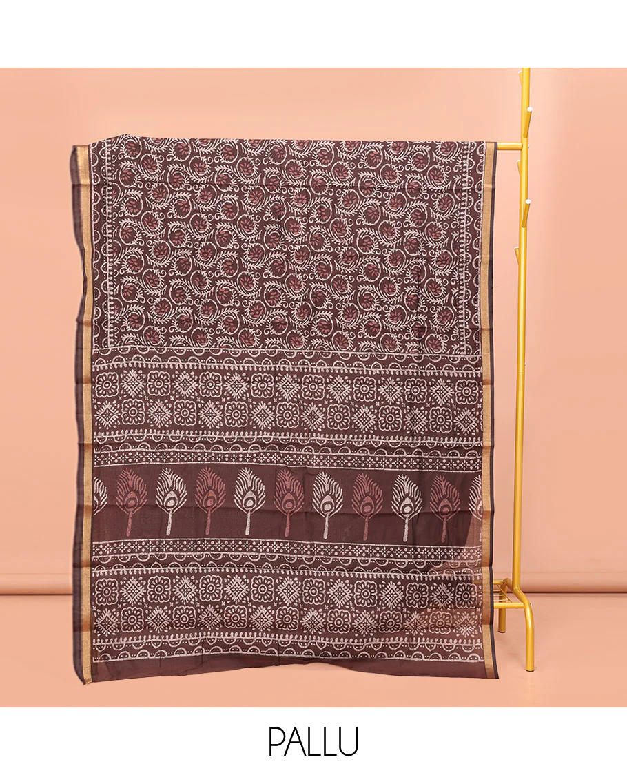 Brown Kanchi Cotton Saree, Decked Up with Floral Print All Over Its Body, a Subtle Self-Border, Pallu of Block Printed Geometric Designs, and Paired with a Contrast Blouse - Image 3