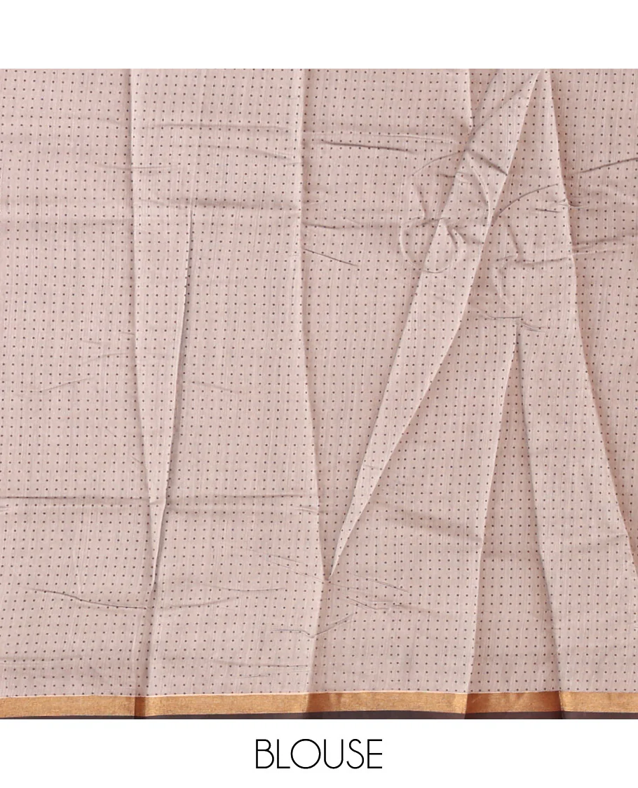 Brown Kanchi Cotton Saree, Decked Up with Floral Print All Over Its Body, a Subtle Self-Border, Pallu of Block Printed Geometric Designs, and Paired with a Contrast Blouse - Image 4