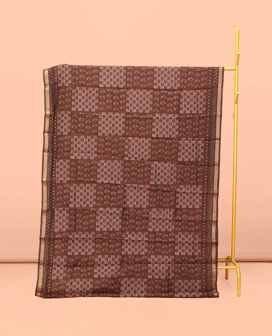 Brown Kanchi Cotton Saree, Detailed with Floral Motifs and Geometric Patterns All Over Its Body, a Subtle Self-Border, Pallu of Floral Designs, and Paired with a Matching Blouse
