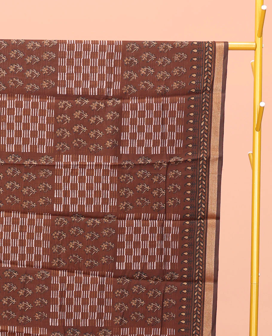 Brown Kanchi Cotton Saree, Detailed with Floral Motifs and Geometric Patterns All Over Its Body, a Subtle Self-Border, Pallu of Floral Designs, and Paired with a Matching Blouse - Image 2