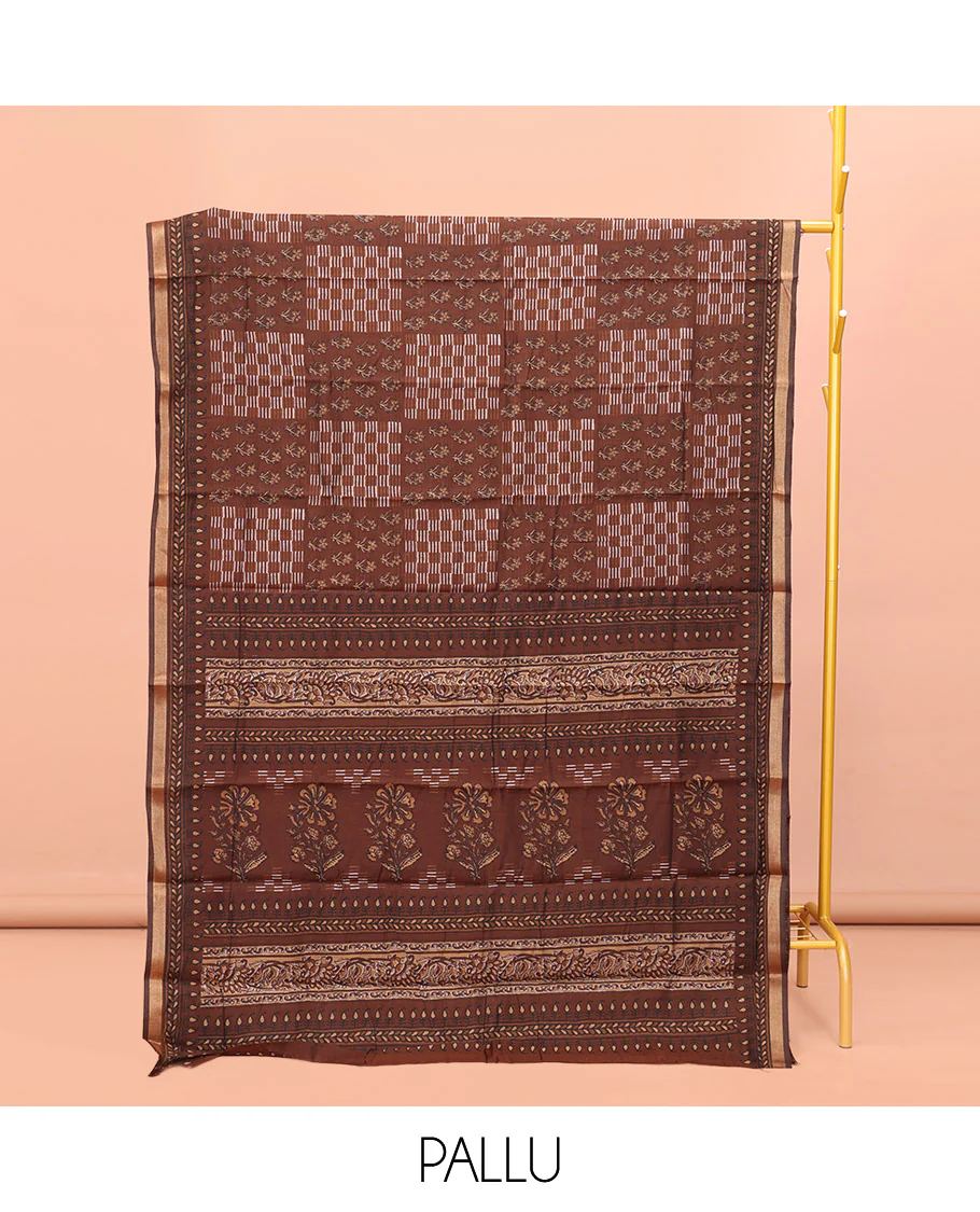 Brown Kanchi Cotton Saree, Detailed with Floral Motifs and Geometric Patterns All Over Its Body, a Subtle Self-Border, Pallu of Floral Designs, and Paired with a Matching Blouse - Image 3
