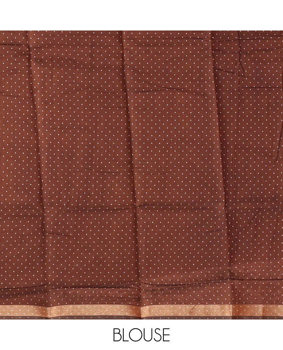 Brown Kanchi Cotton Saree, Detailed with Floral Motifs and Geometric Patterns All Over Its Body, a Subtle Self-Border, Pallu of Floral Designs, and Paired with a Matching Blouse - Image 4