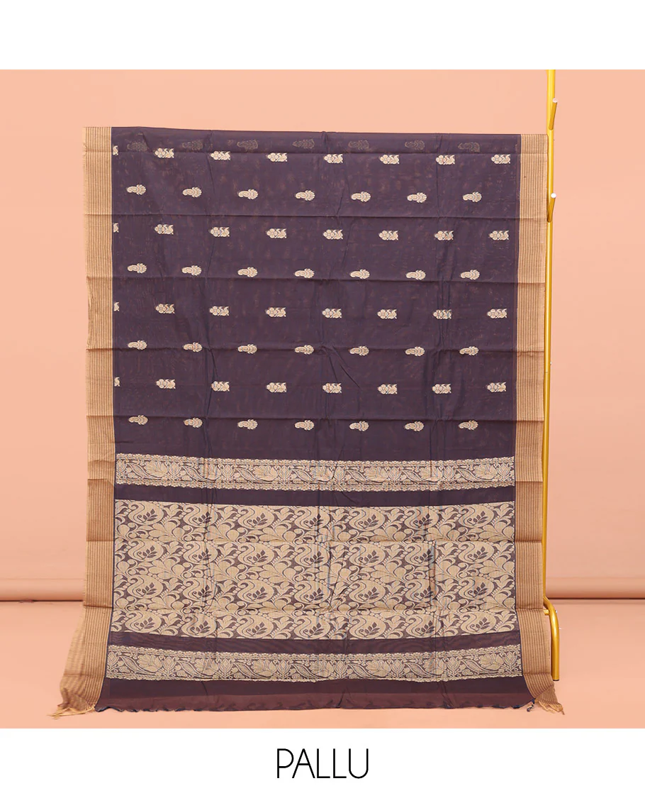 Brown Kanchi Cotton Saree, Ornamented with Buttas All Over Its Body, Complemented by Contrast Border, Paisley Design Pallu, and Paired with a Matching Blouse - Image 3