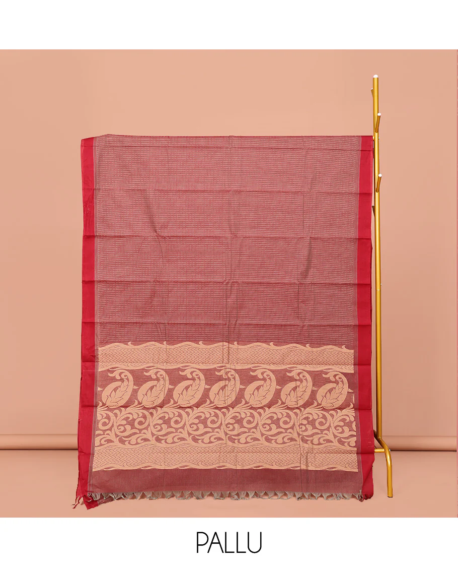 Brown Kanchi Cotton Saree, Sparsely Woven with Buttas, Complemented by Contrast Border, Pallu of Floral-Paisley Designs, and Paired with a Matching Blouse - Image 2