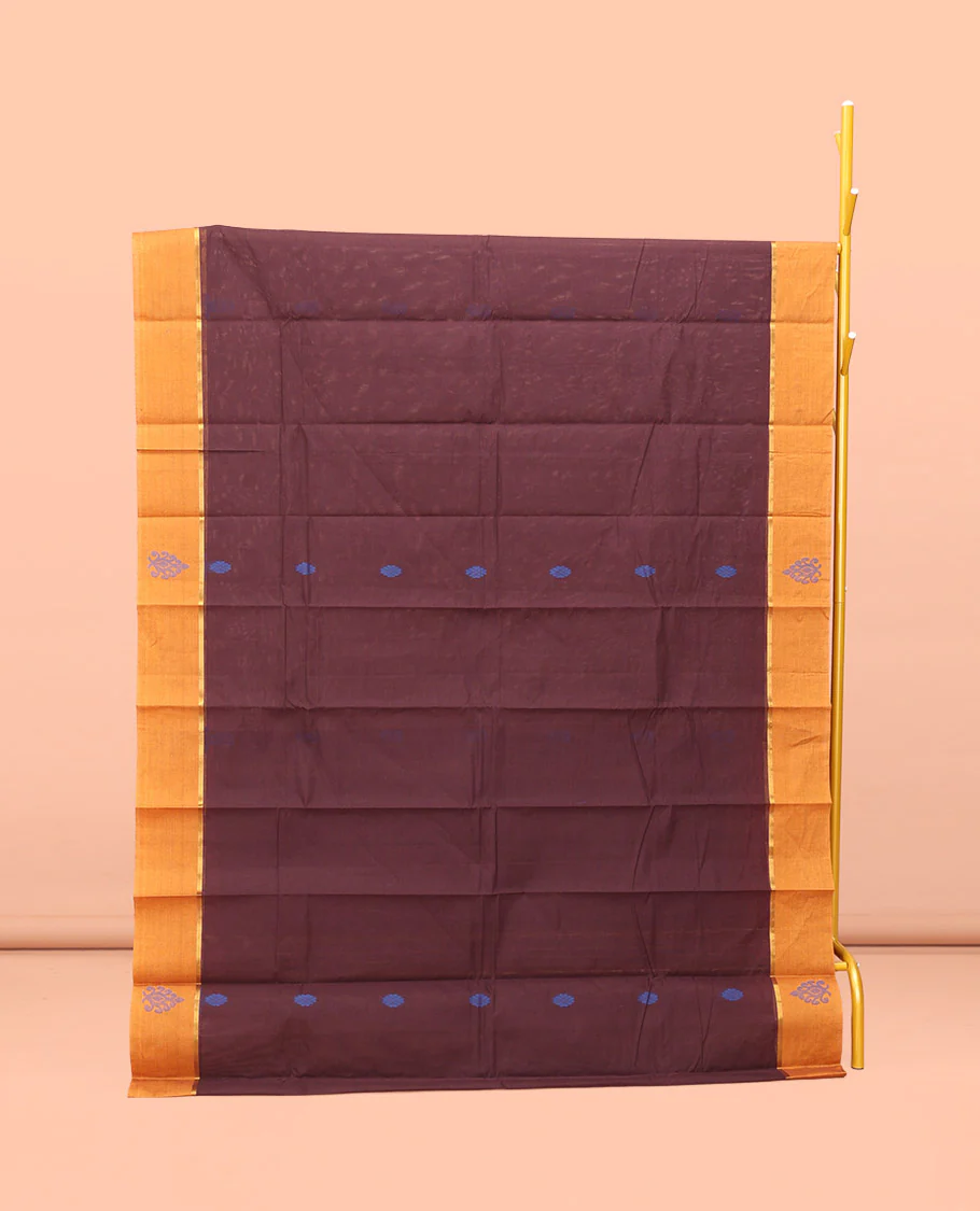 Brown Kanchi Cotton Saree, Woven with Buttas All Over Its Body, a Complemented by Contrast Border, Pallu of Intricate Designs, and Paired with a Matching Blouse