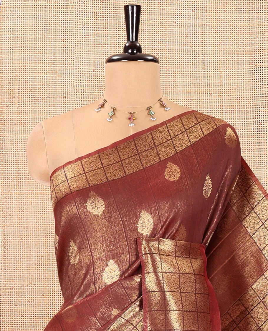 Brown Kanchi Silk Saree, Mesmerized with Zari Buttas All Over Its Body, Highlighted by Zari Checked Border, a Grandly Decked Up Pallu, and Paired with a Chevron Jacquard Blouse - Image 2
