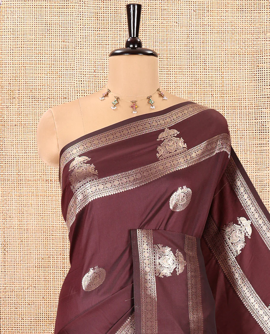 Brown Kanchi Soft Silk Saree, Artfully Woven with Peacock Zari Buttas All Over Its Body, Highlighted by Traditional Zari Design Border, Grand Jaal Pallu, and Paired with a Matching Blouse - Image 2