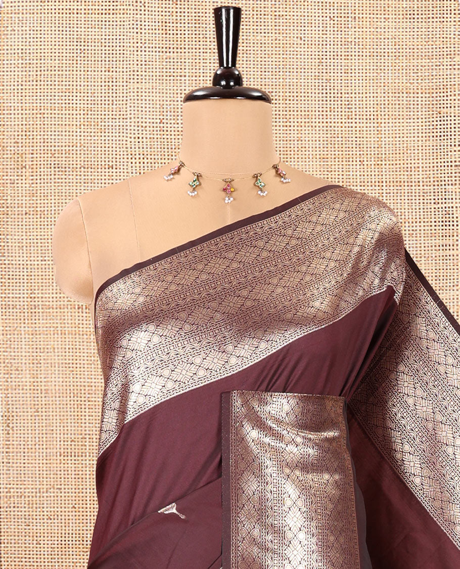 Brown Kanchi Soft Silk Saree, Delicately Woven with Zari Buttas All Over Its Body, Highlighted by Traditional Zari Design Border, Diagonally Striped Pallu, and Paired with a Matching Blouse - Image 2