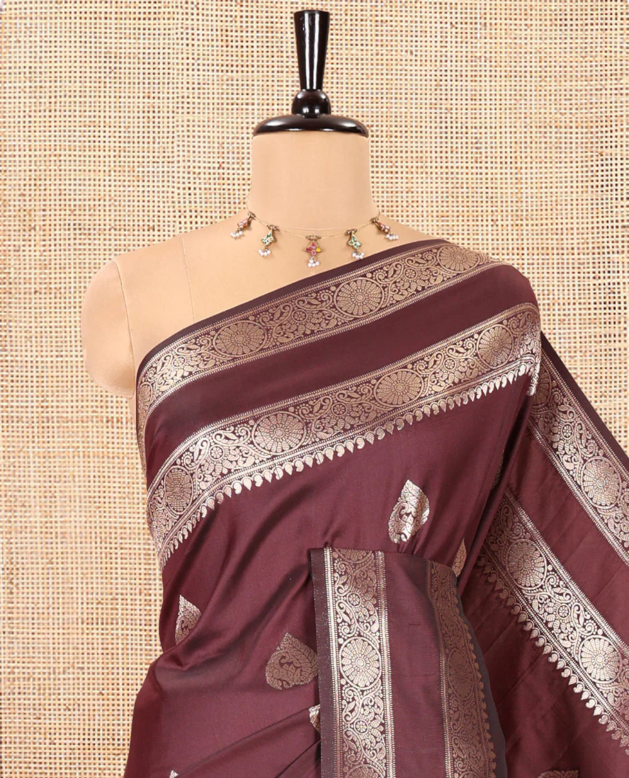 Brown Kanchi Soft Silk Saree, Elevated with Zari Buttas All Over Its Body, Highlighted by Traditional Zari Rettai Pettu Chakram Border, Intricately Designed Jaal Pallu, and Paired with a Matching Blouse - Image 2