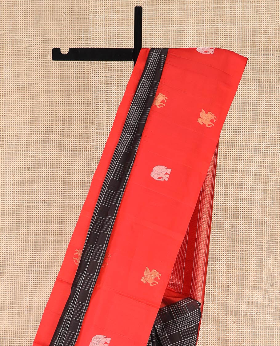 Brown Kanchipuram Silk Saree Decked Up with Checks All Over Its Body, Complemented by a Contrast Border of Kuthirai and Yaanai Designs, Gleaming Pallu of Jaal Designs, and Paired with a Contrast Blouse - Image 3