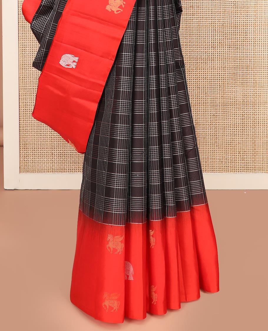 Brown Kanchipuram Silk Saree Decked Up with Checks All Over Its Body, Complemented by a Contrast Border of Kuthirai and Yaanai Designs, Gleaming Pallu of Jaal Designs, and Paired with a Contrast Blouse - Image 4