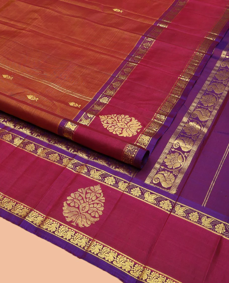Brown Kanchipuram Silk Saree, Ornamented with Zari Buttas on Its Body, Complemented by a Contrast One-Sided Border of Floral and Peacock Designs, Pallu of Floral Zari Designs, and Comes Without a Blouse - Image 2