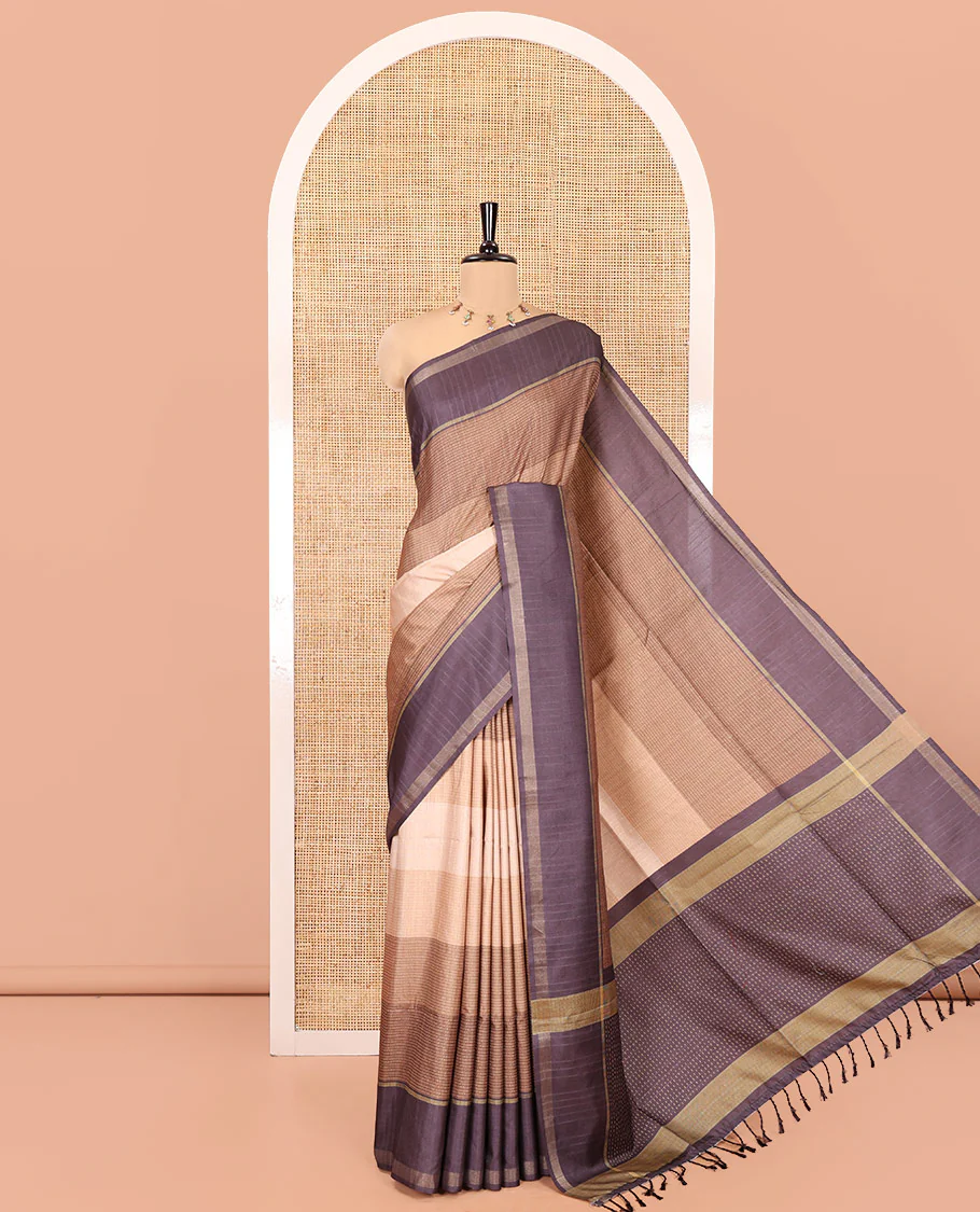 Brown Katan Silk Saree, Adorned with 3d-Style Print and Dotted-Style on Its Body, Complemented by Contrast Border, Pallu Steeped with Buttas, and Paired with a Contrast Blouse