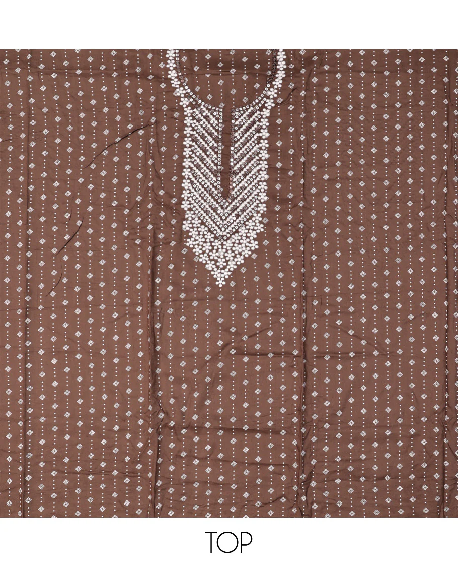 Brown Material Chudidar Set, Adorned with Geometric Print and Neck Embroidery on Rayon Top, a Contrast Polka Dot Printed Bottom, and Paired with Embroidered Chiffon Dupatta - Image 2