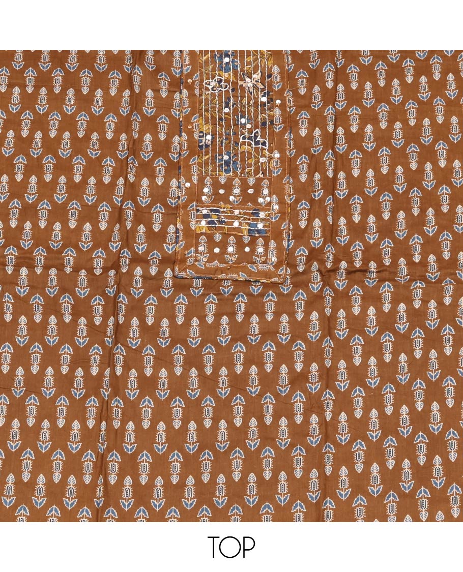 Brown Material Chudidar Set, Embellished with Floral Block Print and Neck Work Cotton Top, a Floral Printed Cotton Bottom, and Paired with Floral Printed Dupatta - Image 2