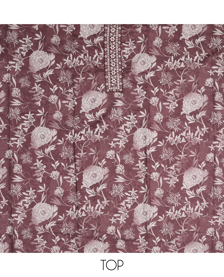 Brown Material Chudidar Set, Prettified with Floral Print and Embroidery on Cotton Top, a Plain Bottom, and Paired with a Floral Embroidered Scallop Dupatta - Image 2