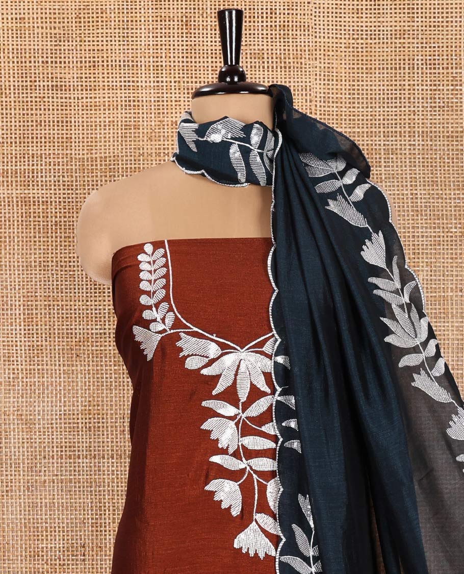 Brown Material Churidar Set, Detailed with Floral Motifs Sequins-Thread Embroidered on Its Vichitra Silk Top, Comes with a Contrast Santoon Bottom, and Paired with a Vichitra Silk Floral Embroidered Scallop Dupatta - Image 3