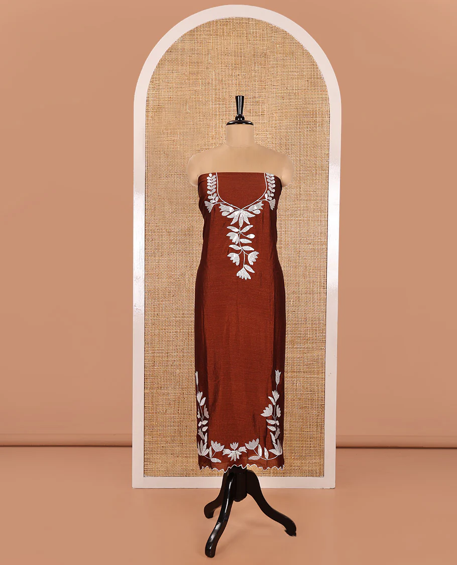 Brown Material Churidar Set, Detailed with Floral Motifs Sequins-Thread Embroidered on Its Vichitra Silk Top, Comes with a Contrast Santoon Bottom, and Paired with a Vichitra Silk Floral Embroidered Scallop Dupatta - Image 4