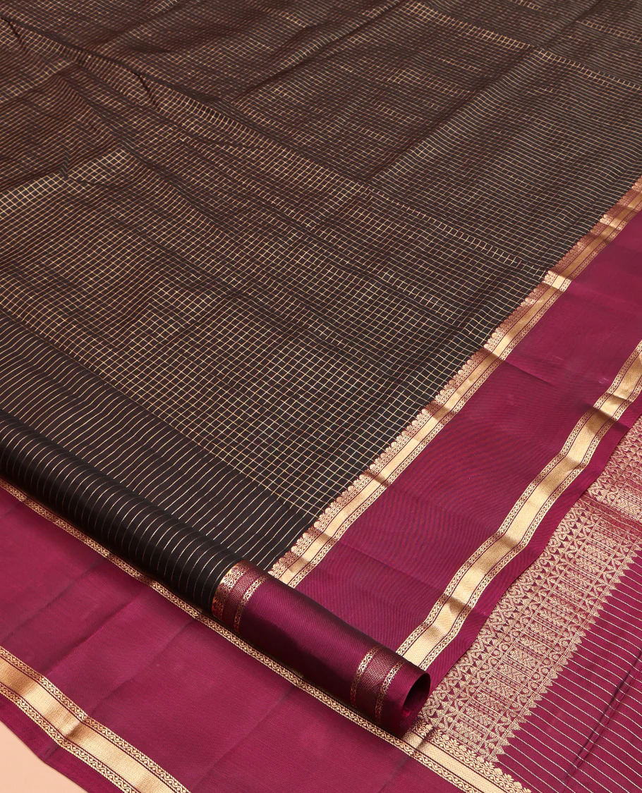 Brown Mayuri Lite Silk Mix Saree, Dazzled with Zari Checked Design All Over Its Body, Complemented by a Contrast Rettai Pettu Traditional Design Border, Pallu of Jaal Designs, and Paired with a Contrast Blouse - Image 2