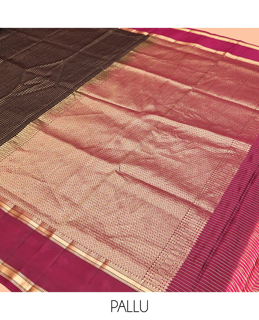 Brown Mayuri Lite Silk Mix Saree, Dazzled with Zari Checked Design All Over Its Body, Complemented by a Contrast Rettai Pettu Traditional Design Border, Pallu of Jaal Designs, and Paired with a Contrast Blouse - Image 5