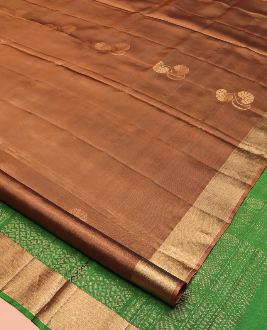 Brown Mayuri Lite Silk Mix Saree, Embellished with zari Buttas All Over Its Body, Highlighted by a Piping Border, Complemented by a Contrast Pallu of Intricate Designs, and Paired with a Contrast Blouse - Image 2