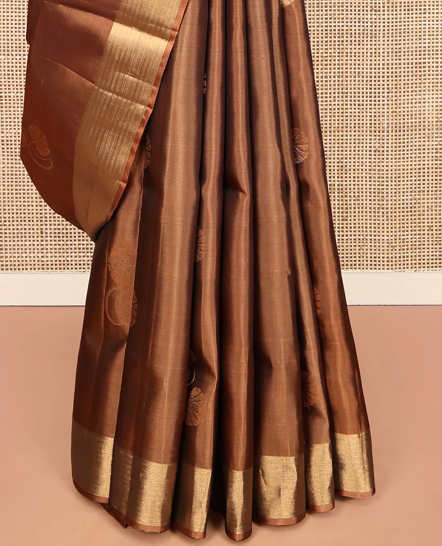 Brown Mayuri Lite Silk Mix Saree, Embellished with zari Buttas All Over Its Body, Highlighted by a Piping Border, Complemented by a Contrast Pallu of Intricate Designs, and Paired with a Contrast Blouse - Image 4