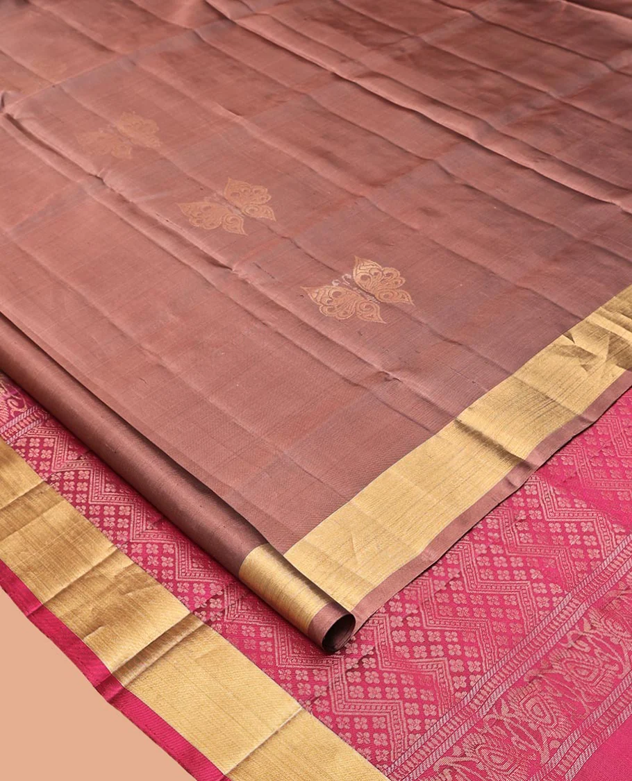 Brown Mayuri Lite Silk Mix Saree, Sparsely Woven with Butterfly Buttas on Its Body, Highlighted by Zari Bavanji Border, Complemented by a Contrast Pallu of Chevron Designs, and Paired with a Contrast Blouse - Image 2