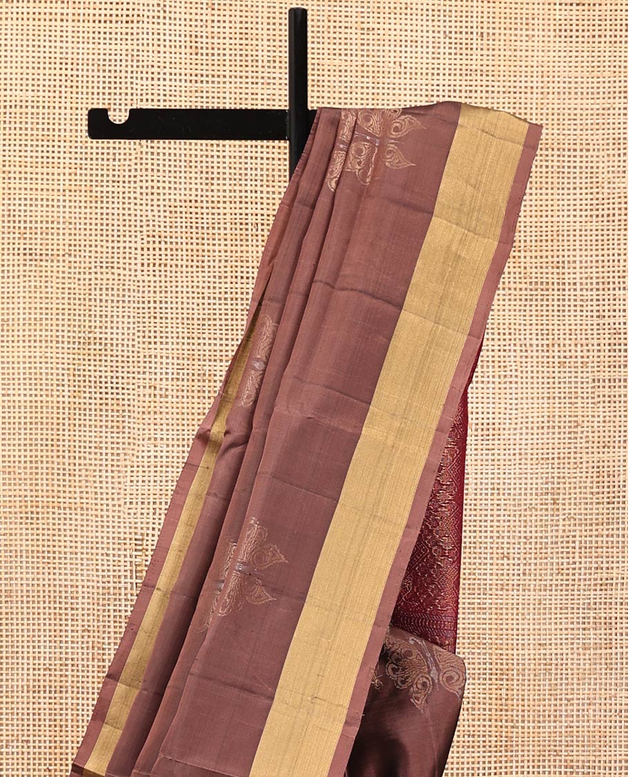 Brown Mayuri Lite Silk Mix Saree, Sparsely Woven with Butterfly Buttas on Its Body, Highlighted by Zari Bavanji Border, Complemented by a Contrast Pallu of Chevron Designs, and Paired with a Contrast Blouse - Image 3