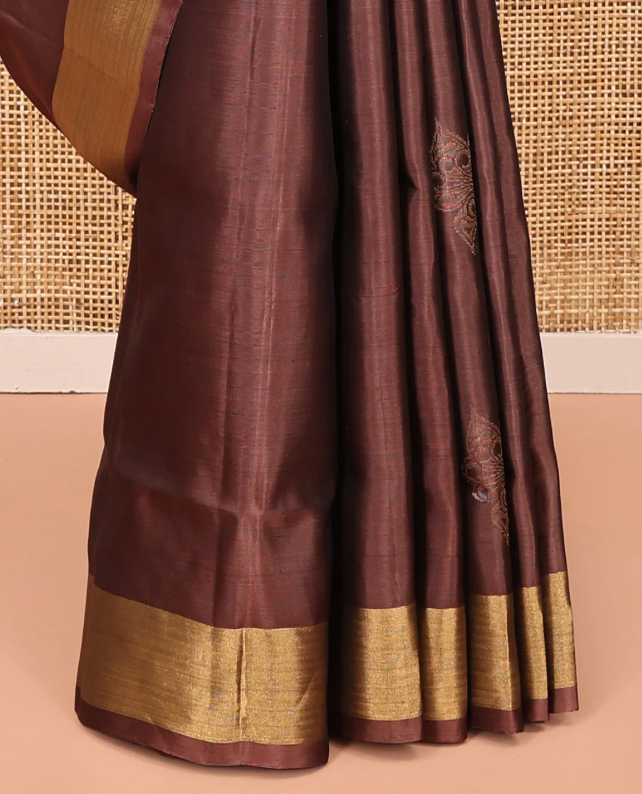 Brown Mayuri Lite Silk Mix Saree, Sparsely Woven with Butterfly Buttas on Its Body, Highlighted by Zari Bavanji Border, Complemented by a Contrast Pallu of Chevron Designs, and Paired with a Contrast Blouse - Image 4