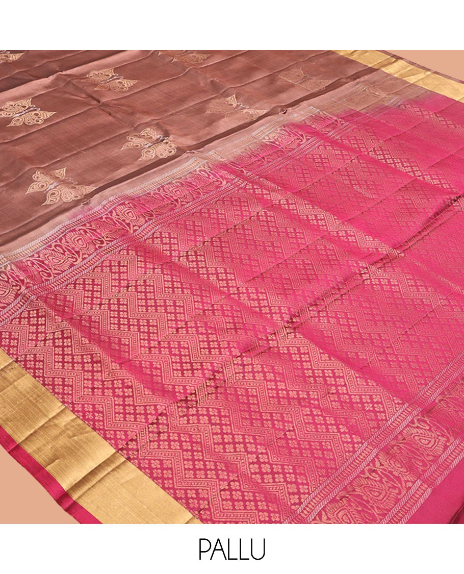 Brown Mayuri Lite Silk Mix Saree, Sparsely Woven with Butterfly Buttas on Its Body, Highlighted by Zari Bavanji Border, Complemented by a Contrast Pallu of Chevron Designs, and Paired with a Contrast Blouse - Image 5
