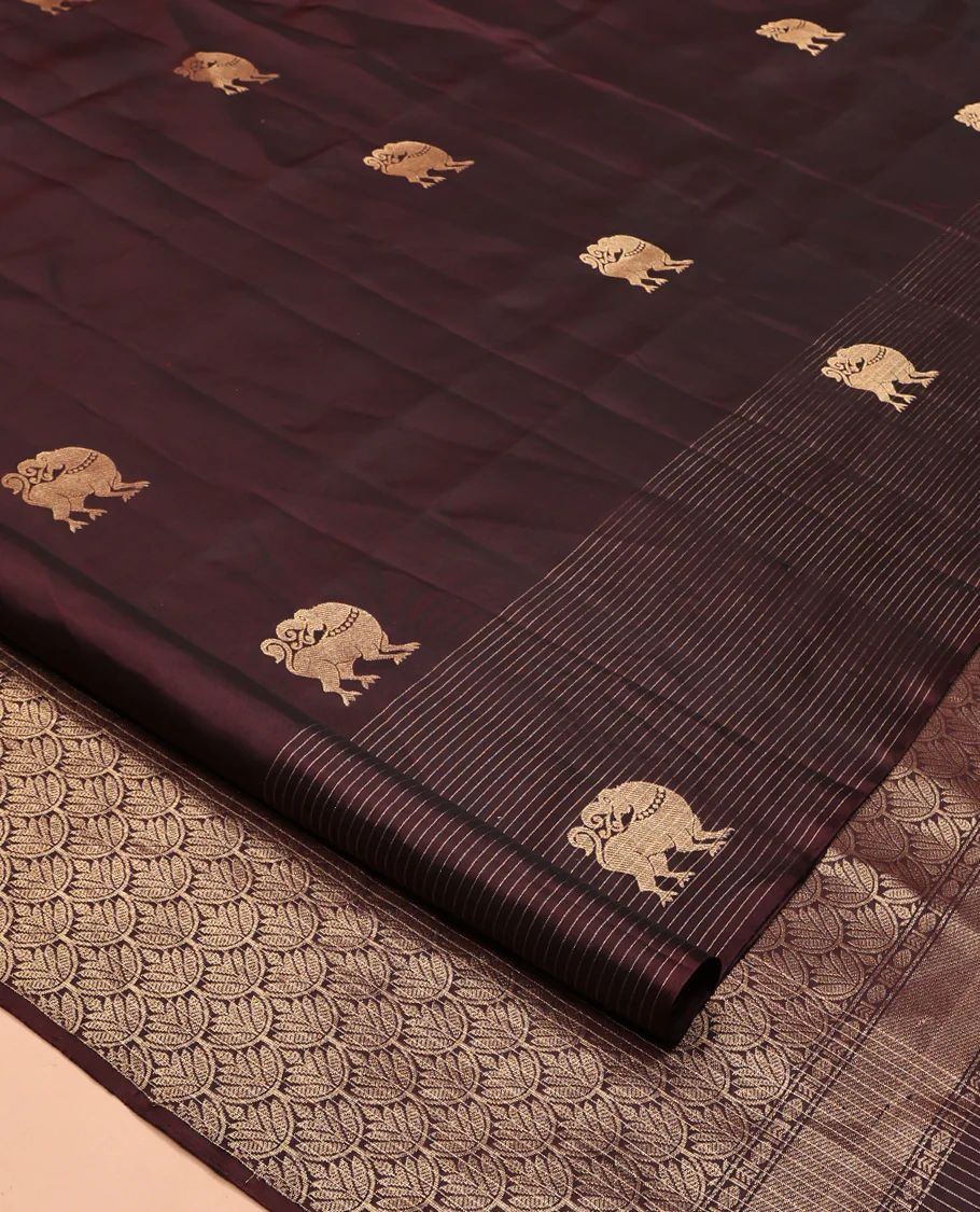 Brown Mayuri Soft Silk Saree, Artfully Woven with Yaali Buttas All Over Its Body, Highlighted by Scallop Design Pallu, and Paired with a Matching Blouse - Image 2