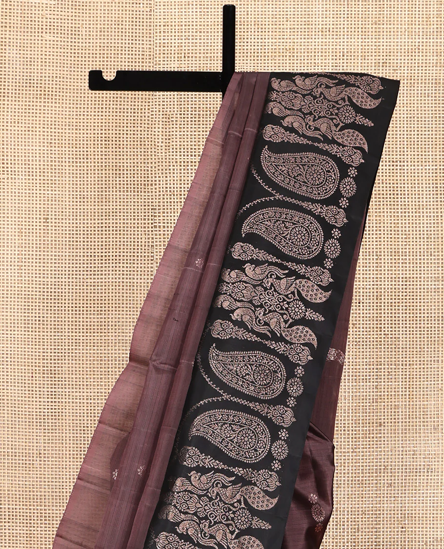 Brown Mayuri Soft Silk Saree, Bedecked with Zari Buttas All Over Its Body, Complemented by Contrast Border of Mayil and Manga Designs, Intricate Pallu and Paired with a Contrast Blouse - Image 3