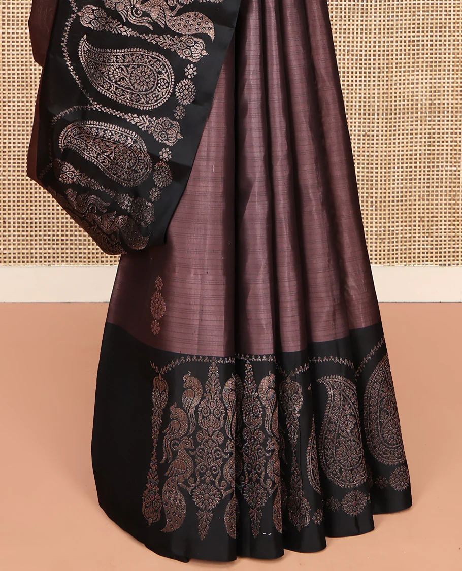 Brown Mayuri Soft Silk Saree, Bedecked with Zari Buttas All Over Its Body, Complemented by Contrast Border of Mayil and Manga Designs, Intricate Pallu and Paired with a Contrast Blouse - Image 4