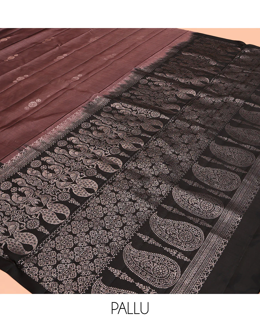 Brown Mayuri Soft Silk Saree, Bedecked with Zari Buttas All Over Its Body, Complemented by Contrast Border of Mayil and Manga Designs, Intricate Pallu and Paired with a Contrast Blouse - Image 5