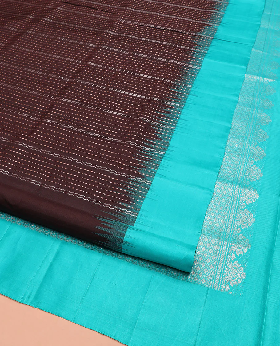 Brown Mayuri Soft Silk Saree, Finely Crafted with Dobbly-Style Buttas and Zig-Zag Stripes All Over Its Body, Complemented by Contrast Border, Grand Pallu of Jaal Designs, and Paired with a Contrast Blouse - Image 3