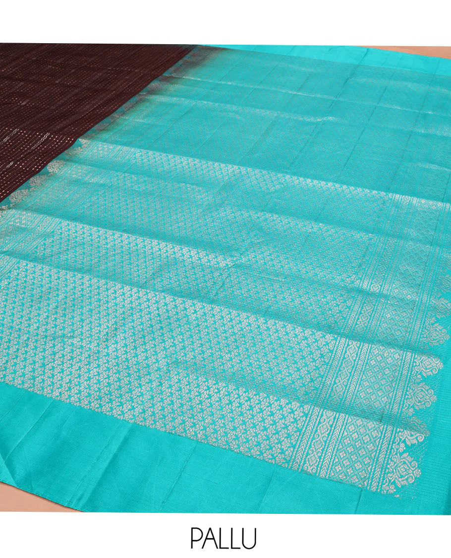Brown Mayuri Soft Silk Saree, Finely Crafted with Dobbly-Style Buttas and Zig-Zag Stripes All Over Its Body, Complemented by Contrast Border, Grand Pallu of Jaal Designs, and Paired with a Contrast Blouse - Image 5