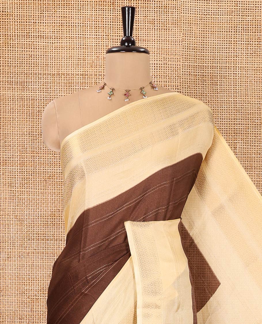 Brown Milan Moss Chiffon Saree, Subtly Sparkled with Stripes on Its Body, Complemented by a Contrast Geometric-Patterned Zari Border, Pallu of Stripes and Temple Designs, and Paired with a Contrast Blouse - Image 2