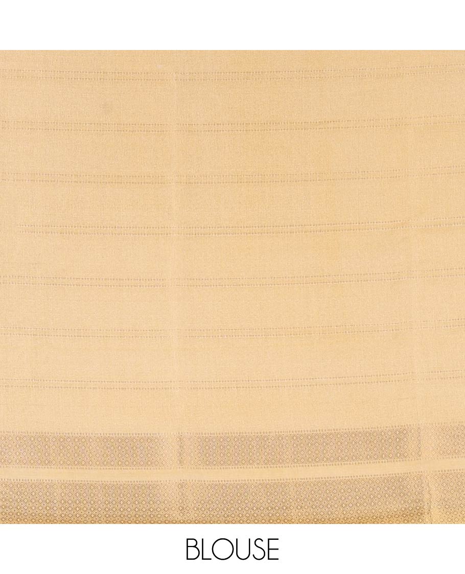 Brown Milan Moss Chiffon Saree, Subtly Sparkled with Stripes on Its Body, Complemented by a Contrast Geometric-Patterned Zari Border, Pallu of Stripes and Temple Designs, and Paired with a Contrast Blouse - Image 3